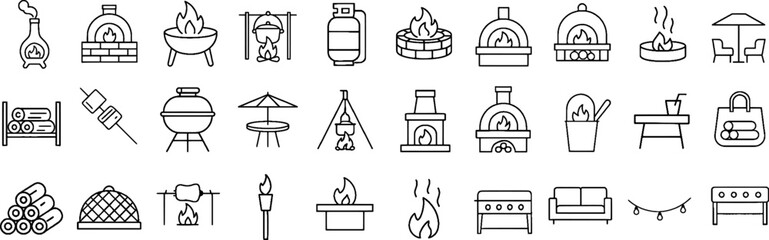 Outdoor Cooking & Fireplace Stroke Icon Collection Containing BBQ, Grill, Fire Pit, Campfire, and more. Editable Stroke Icons in Outline Style.