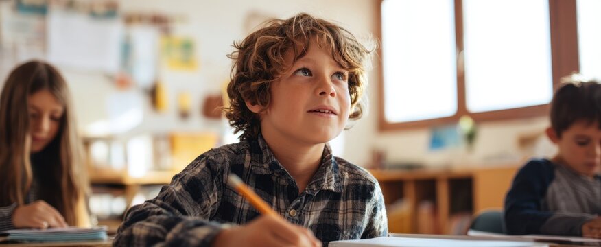 The curious boy in a vibrant classroom focused on learning and creativity.