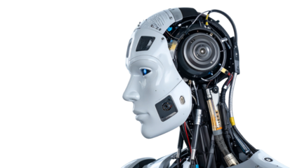A detailed close-up of a robotic head, exuding a futuristic and technological vibe. It is an advanced and intricate piece of engineering.