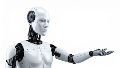 A humanoid robot with its arm outstretched. The robot is white and metallic in appearance and gazing to the side