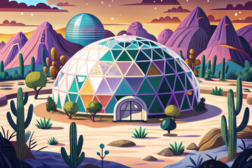 Futuristic dome vector, nature reserve in barren wasteland, sci-fi eco concept, environmental survival, green oasis, desert future, climate change, protected biome, advanced technology