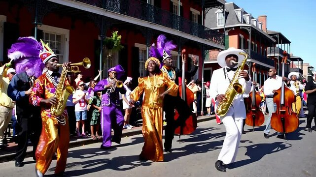 Vibrant mardi gras parade captures joyful brass band and colorful costumes in new orleans streets. Jazz Appreciation Month