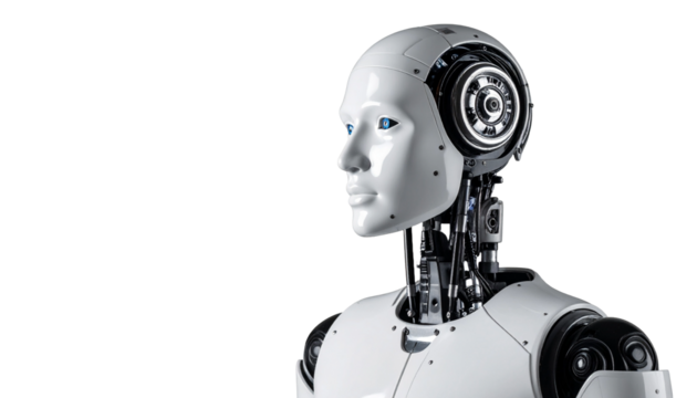 A close-up of a futuristic robot with a human-like face, showcasing the advanced technology and innovation