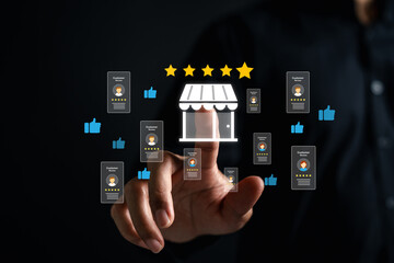 Customer satisfaction and positive reviews in franchise business model, showcasing brand trust,...