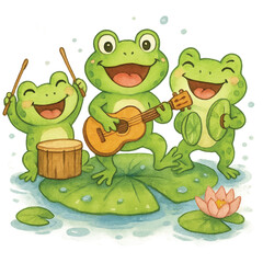 Fototapeta premium funny-frog-forky-forky-frog-band-on-lotus-leaf-watercolor