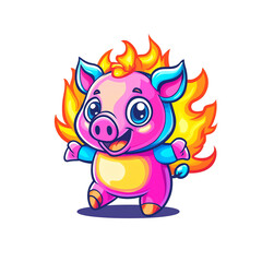 Fiery Fun: Adorable Cartoon Pig in Flaming Mane, Vibrant Colors, Playful Expression - Perfect for Kids' Apparel, Branding, or Game Assets
