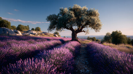 Champ de lavande en fleurs avec un olivier au coucher de soleil près de Valensole