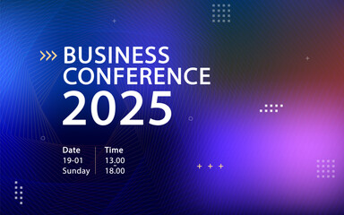 A futuristic banner template for a business conference or technology summit. The modern design features a dark blue and purple gradient background with abstract geometric patterns and a clean layout.