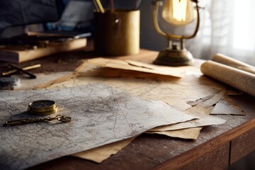 Cartographer's desk with compass and maps