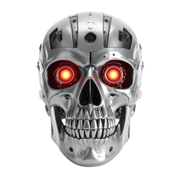 A metallic skull with glowing red eyes, a symbol of a futuristic, cyborg-themed concept. The skull appears to be made of metal, with intricate details and an ominous presence.