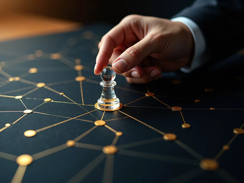 Top-down concept of a strategic planning network with gold route lines on a black background, pawns as decision points, and a hand making a move, symbolizing leadership, logic, and direction