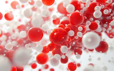 Floating red and white spheres. Abstract bubbles in liquid. Science or medical concept. Macro close up visual for biology.