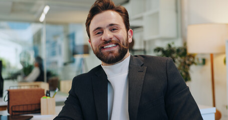 Fototapeta premium Happy, professional and portrait of businessman in office with confidence for creative career. Smile, positive attitude and male magazine editor from Italy with pride for job opportunity in workplace