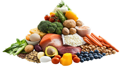 Healthy food pyramid showing five food groups with realistic items background isolated on a Transparent background, PNG file.