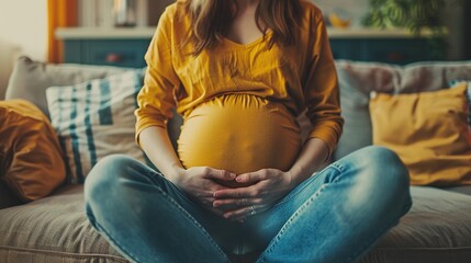 pregnant woman Touching Belly indoors. health pregnancy motherhood childbirth. Pregnant woman's belly close up. woman expecting a newborn baby. pregnant woman wearing yellow shirt and blue jeans