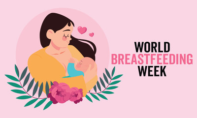 World breast feeding week. Beautiful illustration of a woman with pink flowers, embodying love and the beauty of motherhood.