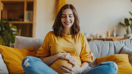 pregnant woman Touching Belly indoors. health pregnancy motherhood childbirth. Pregnant woman's belly close up. woman expecting a newborn baby. pregnant woman wearing yellow shirt and blue jeans
