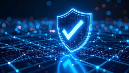 Digital Shield with Check Mark symbol, a beacon of security. This image is a vibrant display of cybersecurity, with glowing lines forming a matrix