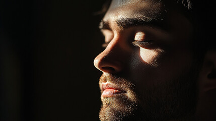 Obraz premium realistic close-up portrait of thoughtful man in shadows, dramatic contrast lighting, emotional tone