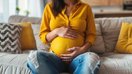 pregnant woman Touching Belly indoors. health pregnancy motherhood childbirth. Pregnant woman's belly close up. woman expecting a newborn baby. pregnant woman wearing yellow shirt and blue jeans