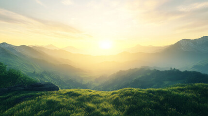 Obraz premium realistic wide-angle view of green mountains and valley at sunrise, misty atmosphere and warm light