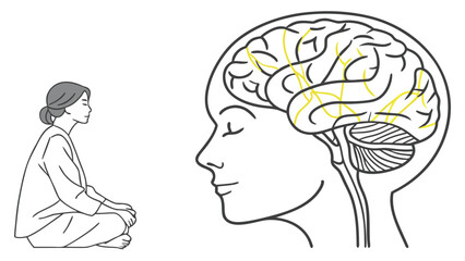 Person meditating with brain activity visualization showing connections and neural pathways highlighted in yellow