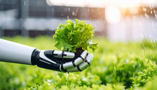 Robot hand holding a fresh lettuce in a modern hydroponic farm. This image portrays the innovation and sustainability of agricultural technology
