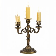 Fototapeta premium Elegant three candles in a vintage bronze candelabra, with all candle lit