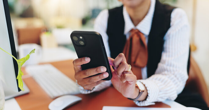 Business person, hands and typing with phone in office for schedule, communication or social media. Employee, event planner or browsing on mobile smartphone for app or network connection in workplace