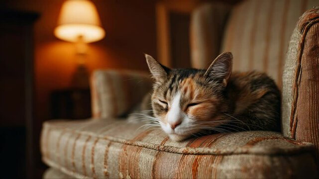 Calico cat napping on striped armchair, radiating tranquility in soft lit cozy living room corner with gentle home ambiance