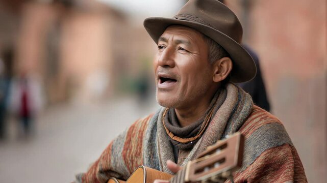 Quechua Man Playing Guitar in Traditional Clothing Outdoors