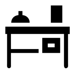 Simple black silhouette of a desk with lamp and drawer
