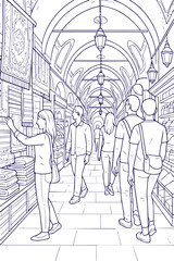 People shopping in covered bazaar in vintage line art style