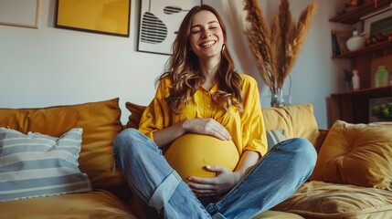 pregnant woman Touching Belly indoors. health pregnancy motherhood childbirth. Pregnant woman's belly close up. woman expecting a newborn baby. pregnant woman wearing yellow shirt and blue jeans