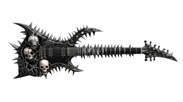 Heavy metal guitar with spikes, skulls, and aggressive styling, background isolated on a Transparent background, PNG file.