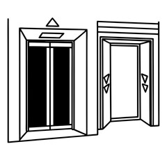 Two elevator doors one open one closed silhouette