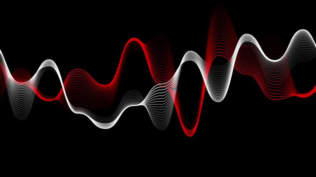 Red and white audio waveform lines, Abstract sound waves motion loop on black background