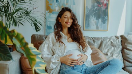 Pregnant caucasian woman wearing white t-shirt and jeans smiling with hands on belly while sitting on bed in cozy bedroom, calm mood and soft light, family and parenting