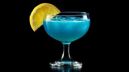 Electric blue tropical juice in a cocktail glass with a lemon twist glowing vibrant look isolated with no shadow