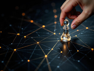 Top-down concept of a strategic planning network with gold route lines on a black background, pawns as decision points, and a hand making a move, symbolizing leadership, logic, and direction