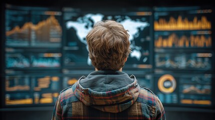 Back view of businessperson looking at large screen