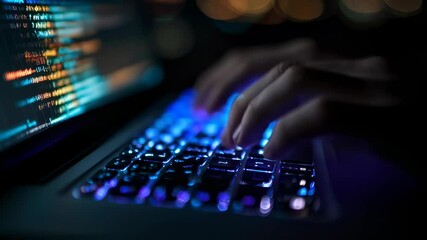 Intimate shot of a programmers hands poised on a laptop keyboard featuring brightly colored syntax on the screen that represents coding languages conveying the excitement and challenges