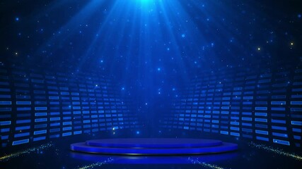 Stage shaped golden particle Deep cyber stage waves lights, futuristic digital Art background waving lines particles big data streams, Animation. Particles blue glitter awards dust abstract background - Powered by Adobe