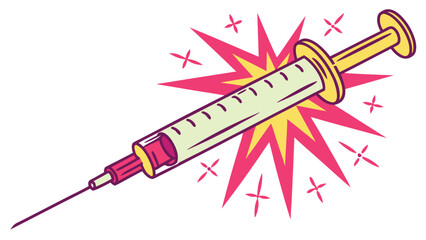 Fototapeta premium Illustration of a syringe with a needle and a pink and yellow burst on a white background design style