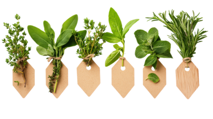 Herb leaves with name tags concept background isolated on a Transparent background, PNG file.