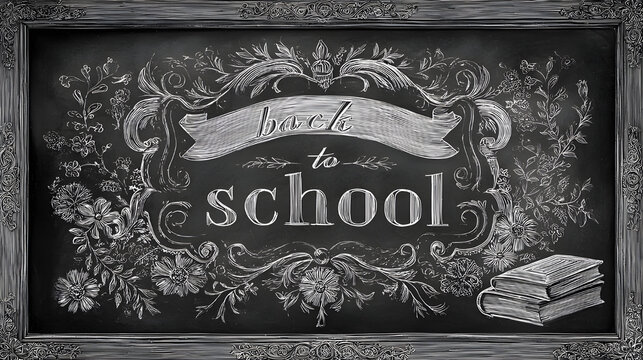 Elegant chalkboard art with floral accents and books, celebrating the return to school. Back  to school 