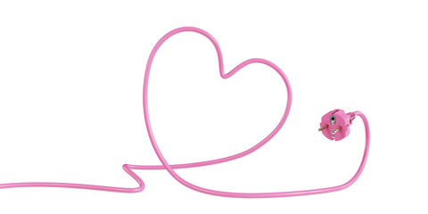 Pink electrical cable shaped like a heart with power plug. Isolated on a transparent background. 3D illustration.