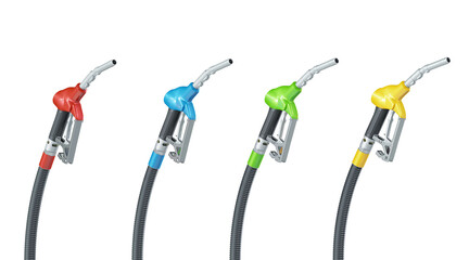 Set of four fuel dispenser nozzles, each with a distinct color for different fuels. Isolated on a transparent background. 3D illustration