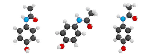 Paracetamol isolated on transparent background. Set of views showcasing a detailed 3D model of molecule. Molecular formula: C8H9NO2. Chemical model: Ball and Stick. 3D illustration
