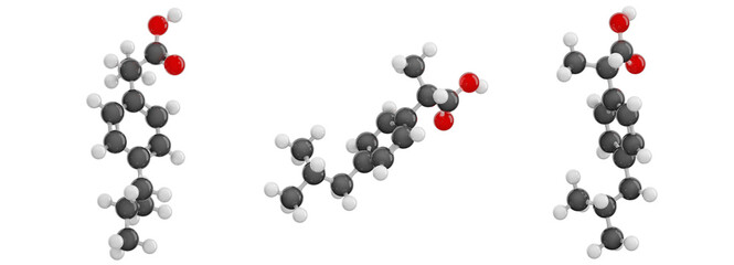 Ibuprofen isolated on transparent background. Set of views showcasing a detailed 3D model of molecule. Molecular formula: C13H18O2. Chemical model: Ball and Stick. 3D illustration